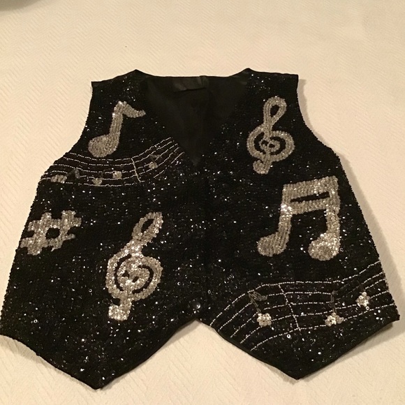 Sequin Vest musical performance stage wear full glitter music beads black silver - Picture 7 of 16